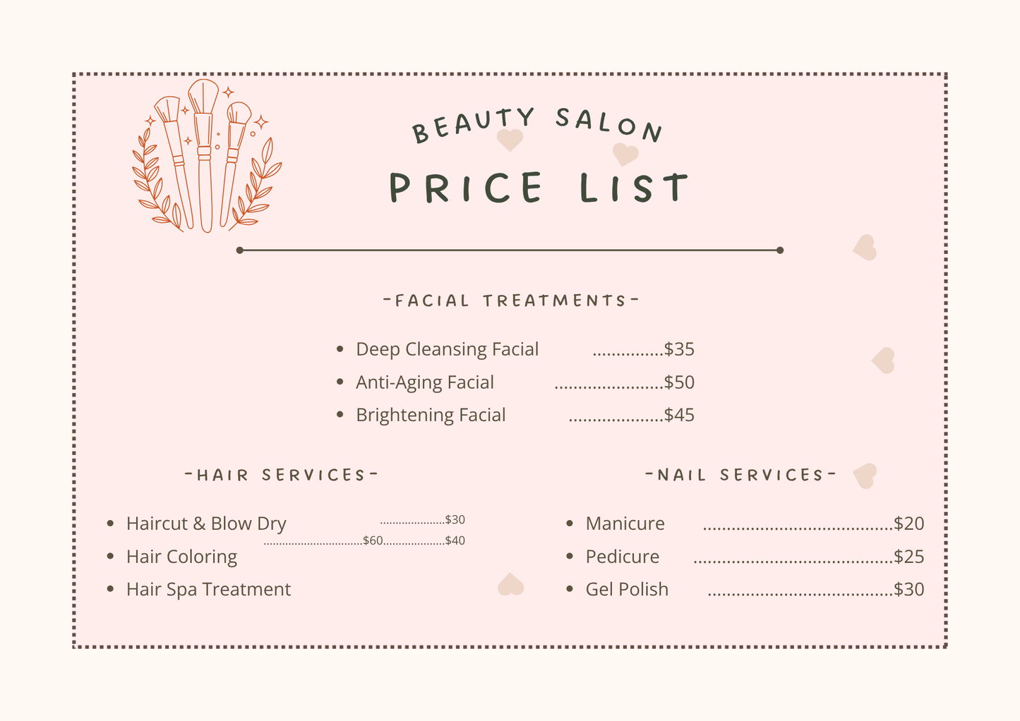 Beauty Salon Service Menu | Price List Design